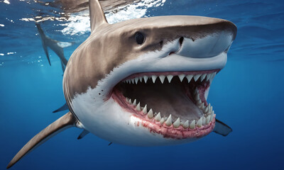 Naklejka premium Great white shark gliding through clear blue ocean waters with mouth wide open displaying sharp teeth