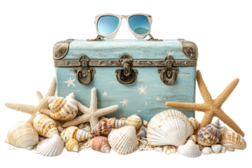 Travel essentials with seashells and sunglasses