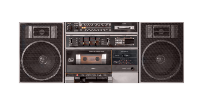 Vintage retro portable radio tape cassette recorder isolated on white background