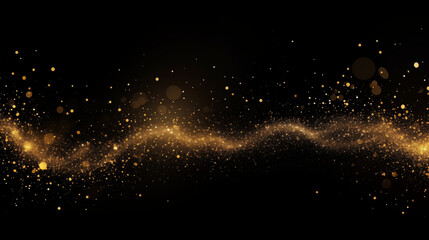 Particules scintillantes et brillantes volant sur fond sombre, noir. Lumi&egrave;re orang&eacute;e, paillettes dor&eacute;es et flou. Fond pour banni&egrave;re, conception et cr&eacute;ation graphique.