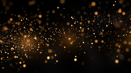 Particules scintillantes et brillantes volant sur fond sombre, noir. Lumi&egrave;re orang&eacute;e, paillettes dor&eacute;es et flou. Fond pour banni&egrave;re, conception et cr&eacute;ation graphique.