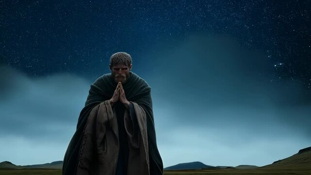 Contemplative figure under starry sky St Patrick theme faith and reflection European ethnicity suggested