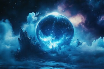 Realistic crystal ball with swirling mists on blue background