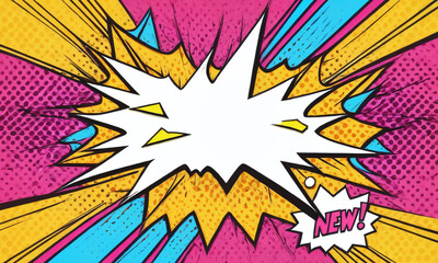 Bright comic book explosion graphic with bold colors and dynamic shapes showcasing excitement and newness