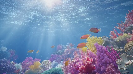 Obraz premium Vibrant Coral Reef Ecosystem with Sunlight and Tropical Fish
