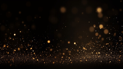 Particules scintillantes et brillantes volant sur fond sombre, noir. Lumière orangée, paillettes dorées et flou. Fond pour bannière, conception et création graphique.