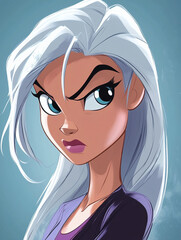 Dibujo infantil  de mujer de cabello plateado con expresión seria y ceño fruncido