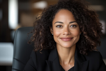 young attractive successful professional Black woman sitting in her executive office chair smiling