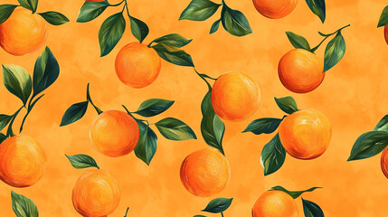 Ilustración de naranjas con hojas sobre fondo naranja en patrón repetitivo