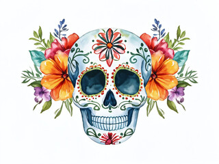 Colorful sugar skull adorned with flowers celebrating Day of the Dead traditions in vibrant artistic style
