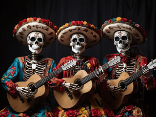 Colorful skeletons play guitars while celebrating a traditional festivity in a vibrant display of culture and art