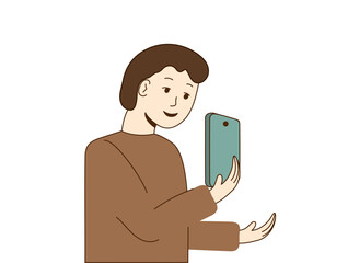 Young man holding the phone in his hand in front of his face and looking at smartphone. Boy looks at his phone screen. Men stands and talks on video call. Takes pictures. Vector illustration.