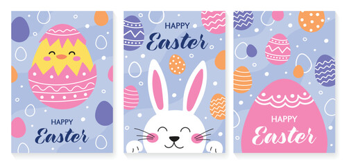 Collection of Easter greeting cards. Invitations with cute cartoon bunny, eggs and chicks. Vector illustration