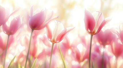 Obraz premium A field with pink tulips bathed in sunlight, featuring flowers in the foreground