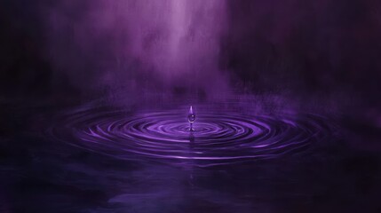 Purple water droplet creating ripples in a calm misty atmosphere concept