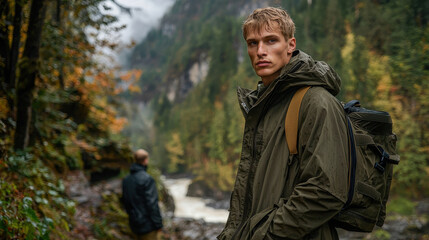 Obraz premium Boldly showcasing plant-based streetwear in a lush forest setting, this modern apparel embraces high-tech aesthetics with sustainable design principles