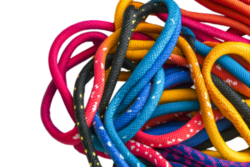 Colorful climbing ropes tangled together
