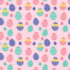 Colourful Easter seamless pattern with cute chicks and eggs. Cartoon style background. Vector illustration