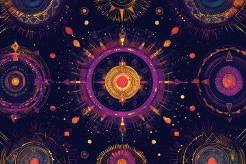 Latin American cosmic portal designs on violet background
