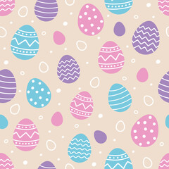 Easter seamless pattern with cute decorated eggs. Colourful background in cartoon style. Vector illustration.