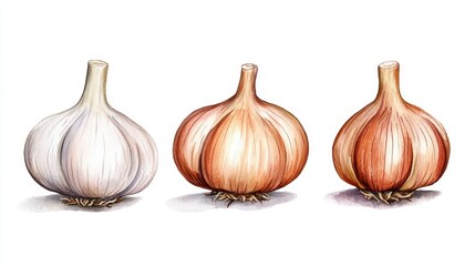 Obraz premium Watercolor Illustration of Three Garlic Bulbs Showing Ripeness Stages