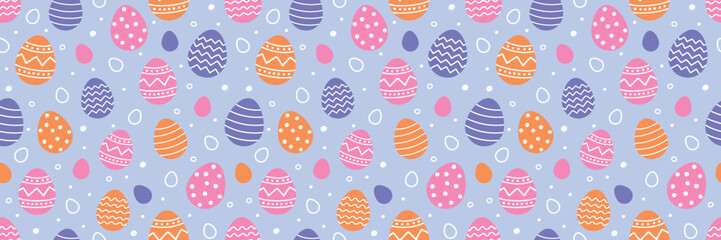 Colourful Easter seamless pattern with cute painted eggs. Cartoon style background. Vector illustration