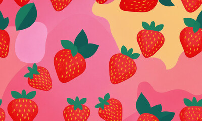 Vibrant pattern of strawberries on a colorful background showcasing fresh fruit design elements for kitchen decor or textiles