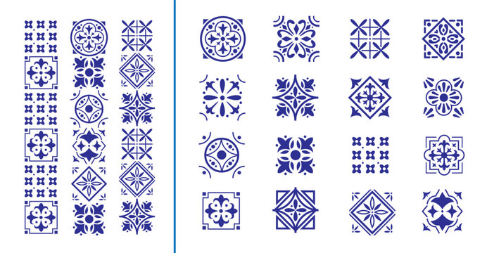 Set of italian tiles background in blue. Mosaic pattern for ceramic. Decoration geometric frame border line