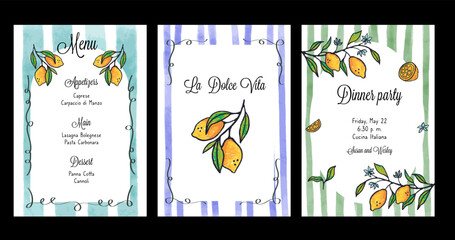 Hand draw la dolce vita breakfast temple. Posters with drawing lemon fruit with striped frame. Minimalist line art. Flier for invitations, menus design