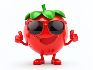 Cartoon strawberry character wearing sunglasses and giving thumbs up in a cheerful presentation