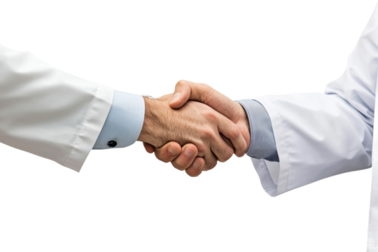 Two professionals shake hands in a medical setting