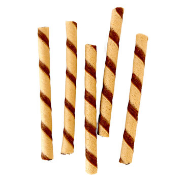 Chocolate wafer rolls Delicious Swirled Waffle Sticks or astor dessert chocolate on White Background isolated transparent