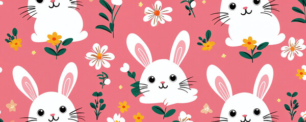 Fototapeta premium Cute bunnies and flowers pattern with pastel colors on a pink background showcasing a playful spring theme