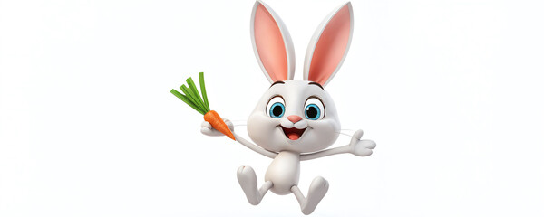 Cute cartoon rabbit jumps joyfully with a carrot in its hand showcasing a playful and cheerful expression