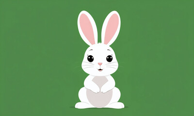 Fototapeta premium Cute cartoon rabbit sitting on green background with cheerful expression and large ears