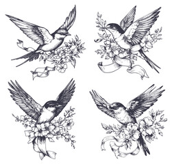 Obraz premium Swallow tattoo. Cute little bird with ribbon and flowers, retro sailor symbol, hand drawn sketch set vector illustration