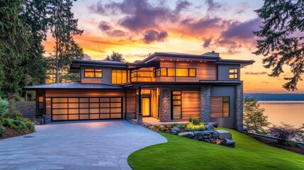Fototapeta premium modern home overlooking a tranquil lake at sunset. The architecture is contemporary with beautiful landscaping
