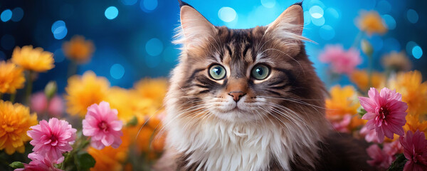 Beautiful cat surrounded by colorful flowers in a vibrant garden setting during springtime