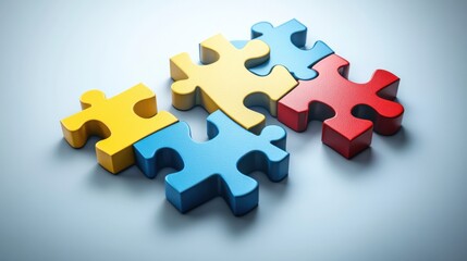 Fototapeta premium Colorful puzzle pieces interlocked on a soft blue background, symbolizing problem-solving and teamwork