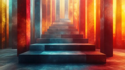 Ethereal Staircase with Vibrant Columns and Mystical Light Effects