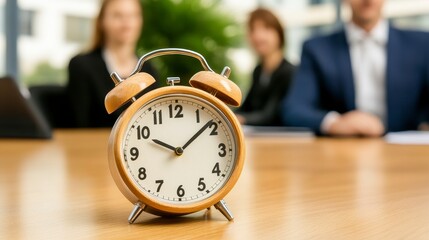 Wooden Alarm Clock on Table, Blurred Business Meeting Background