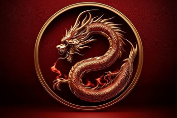Obraz premium A fierce red Chinese dragon encircled by flames.