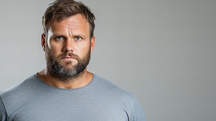 Serious-looking man with a beard in a gray shirt against a light gray background.
