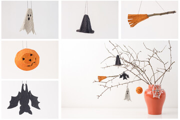 step by step instruction for egg carton cone craft, Halloween ornaments jack-o-lanterns, ghost, witch hat, broom, spiderweb. Minimal holiday decoration, Halloween celebration concept. DIY