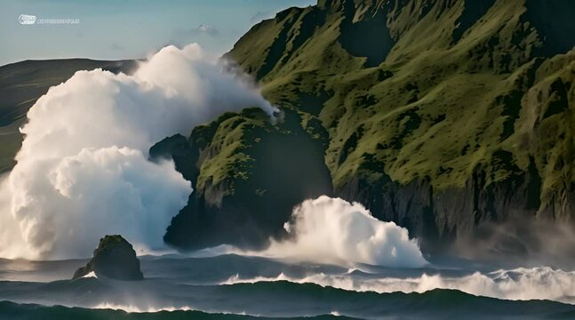 Majestic Ocean Waves Crashing Against Green Cliffs Breathtaking Coastal Power
