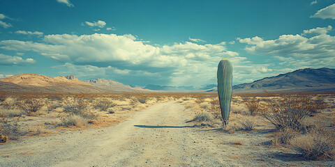 Lonely Desert Road Through a Tranquil Arid Landscape at Sunset