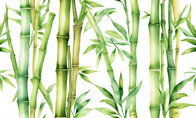 Green bamboo stalks with lush leaves create a vibrant tropical background