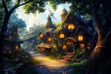 Fototapeta premium Whimsical depiction of a mystical village surrounded by nature.