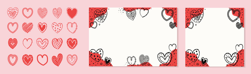 Set of backgrounds with cute hand drawn hearts. Design in cartoon style for Valentine’s Day, Mother’s Day and Women’s Day. Vector illustration