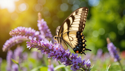 Obraz premium Butterfly resting on purple flowers against a blurred background